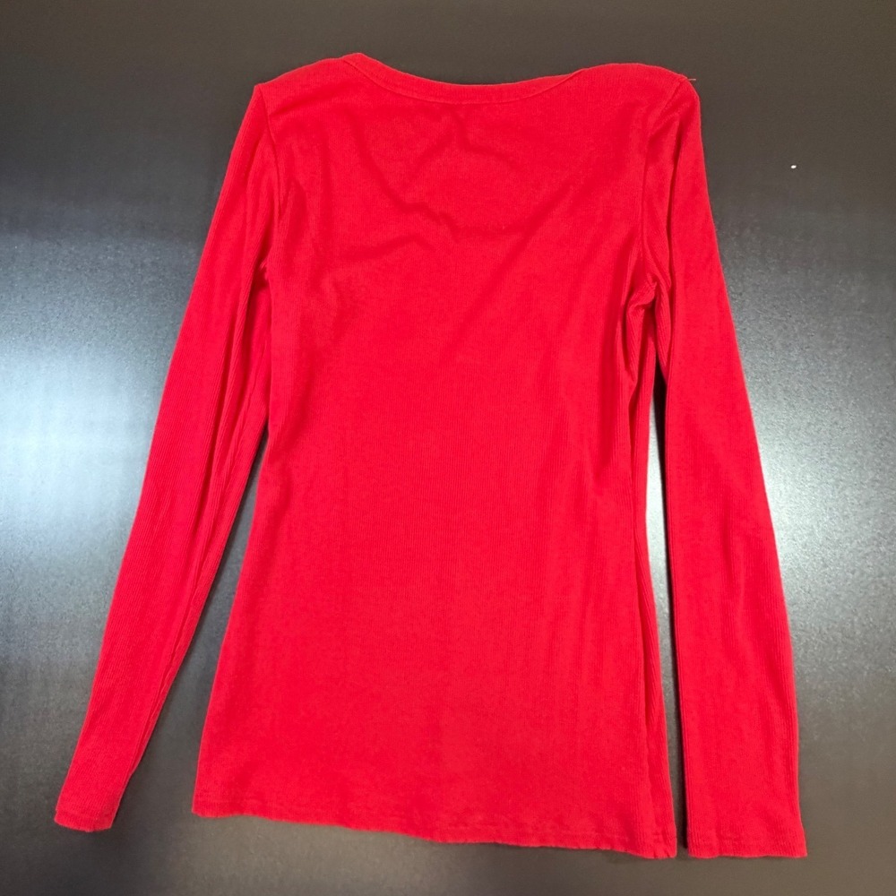 Women Red Ribbed Long Sleeve Scoop Neck Top Small Casual Basic Layering J10 - Picture 3 of 5